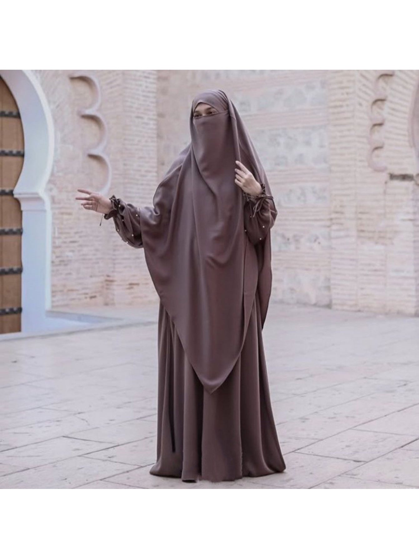 New Cross-Border Middle East Solid Color Women's Robe Pearl Sleeves Jilbaab Dress Abaya Two-Piece Set Long Headscarf P555