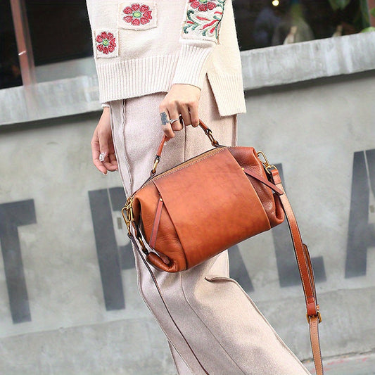 New Women's Genuine Leather Handbags, Retro Crossbody Bags, Women'S Single-Shoulder Bags, Top-Grain Cowhide Large-Capacity Handbags