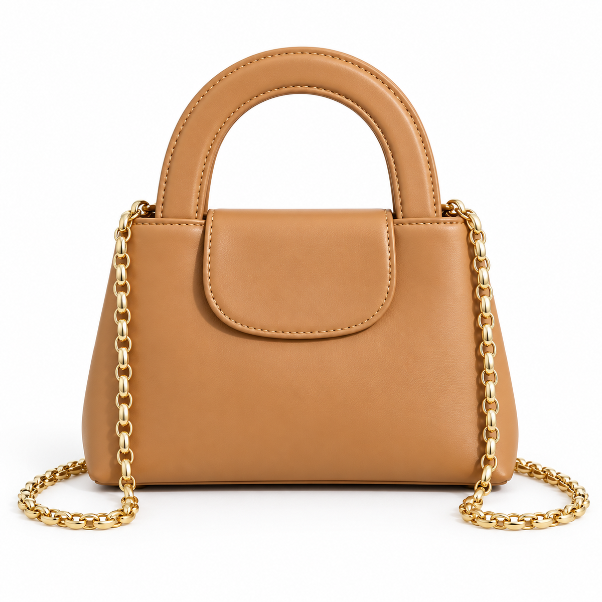 Camel Vegan Leather Chain Handle Handbag