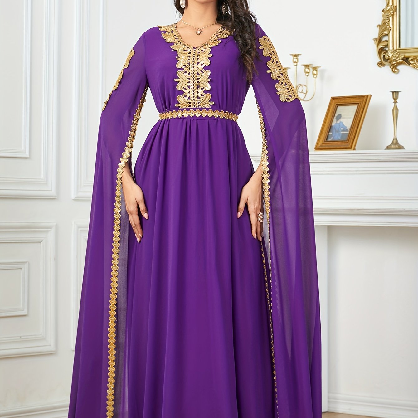 Elegant Black Sequin Embroidered A-Line Maxi Abaya Dress with Golden-Tone Embroidery, Slit Sleeves & Adjustable Waist Belt - Middle Eastern-Inspired Formal Party Wedding Guest Dress, Cultural Attire, Nontransparent Fabric