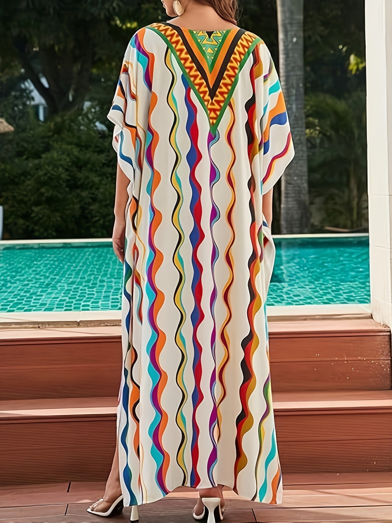 Plus Size Colorful Striped Caftan Dress for Women - V-Neck, Batwing Sleeves, Loose Fit Beach Kaftan with Side Slit - Casual Rayon Swim Cover-Up, Perfect for Summer Evenings, Resort Vacation Dress|Colorful Caftan | Pullover Kaftan