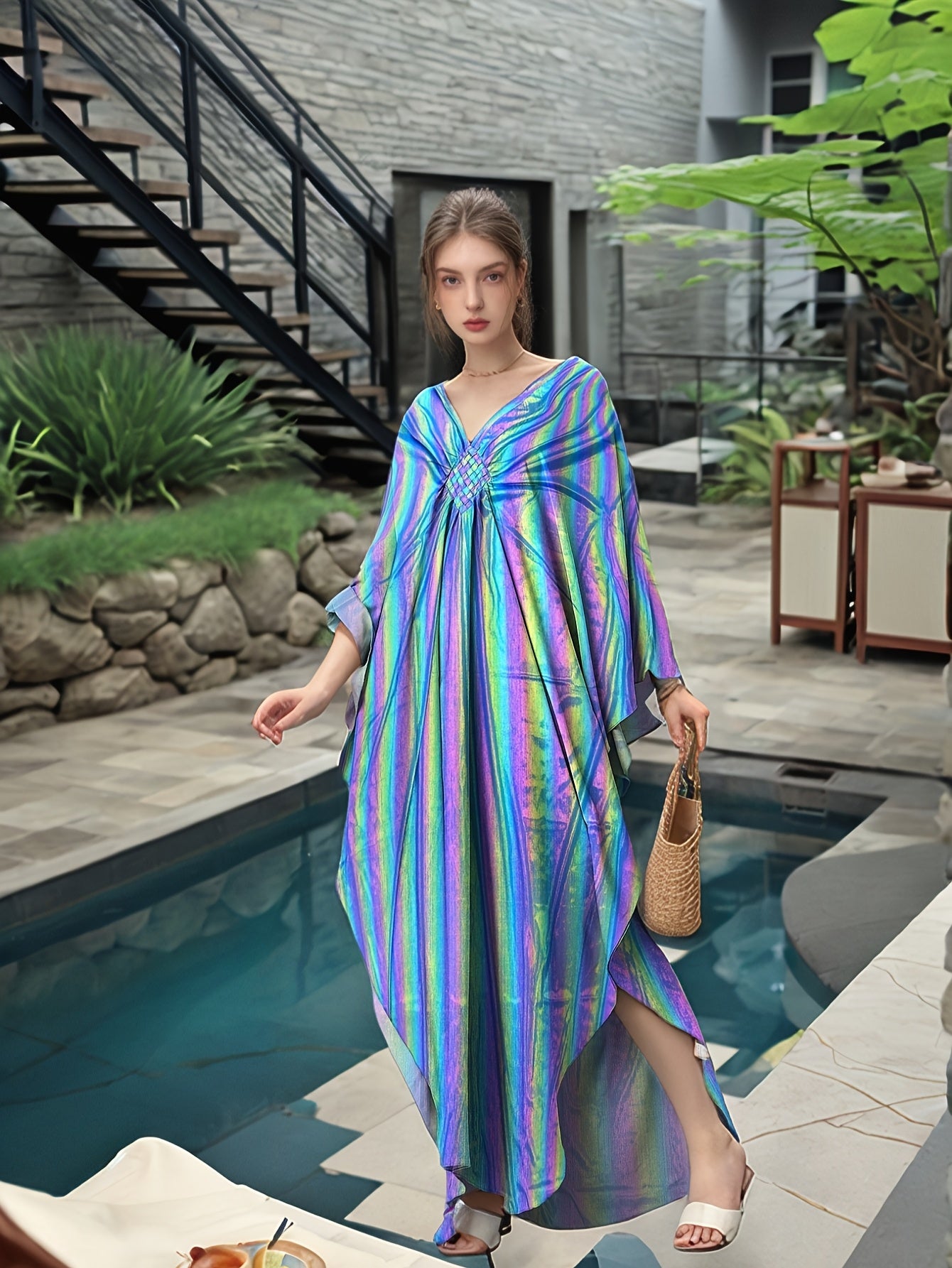 Kaftan Dresses For Women Sparkly Glitter Batwing Sleeve Kaftan Cover Up Beach Maxi Dress Loungewear