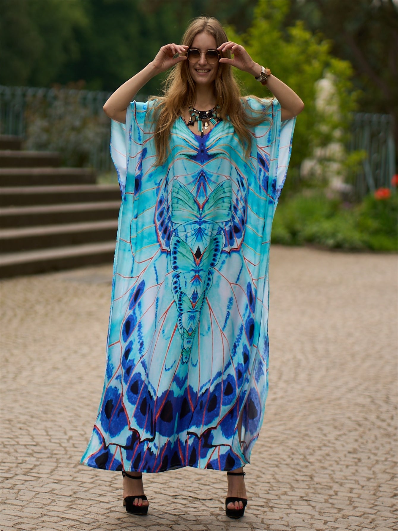 Women's Rayon Bohemian Beach Cover-Up Dress - Loose Fit Batwing Sleeve Turkish Kaftan with Striped Print, Round Neck Long Dress for Poolside, Vacation & Home Wear, Spring Summer Fall, Summer Cover Clothing