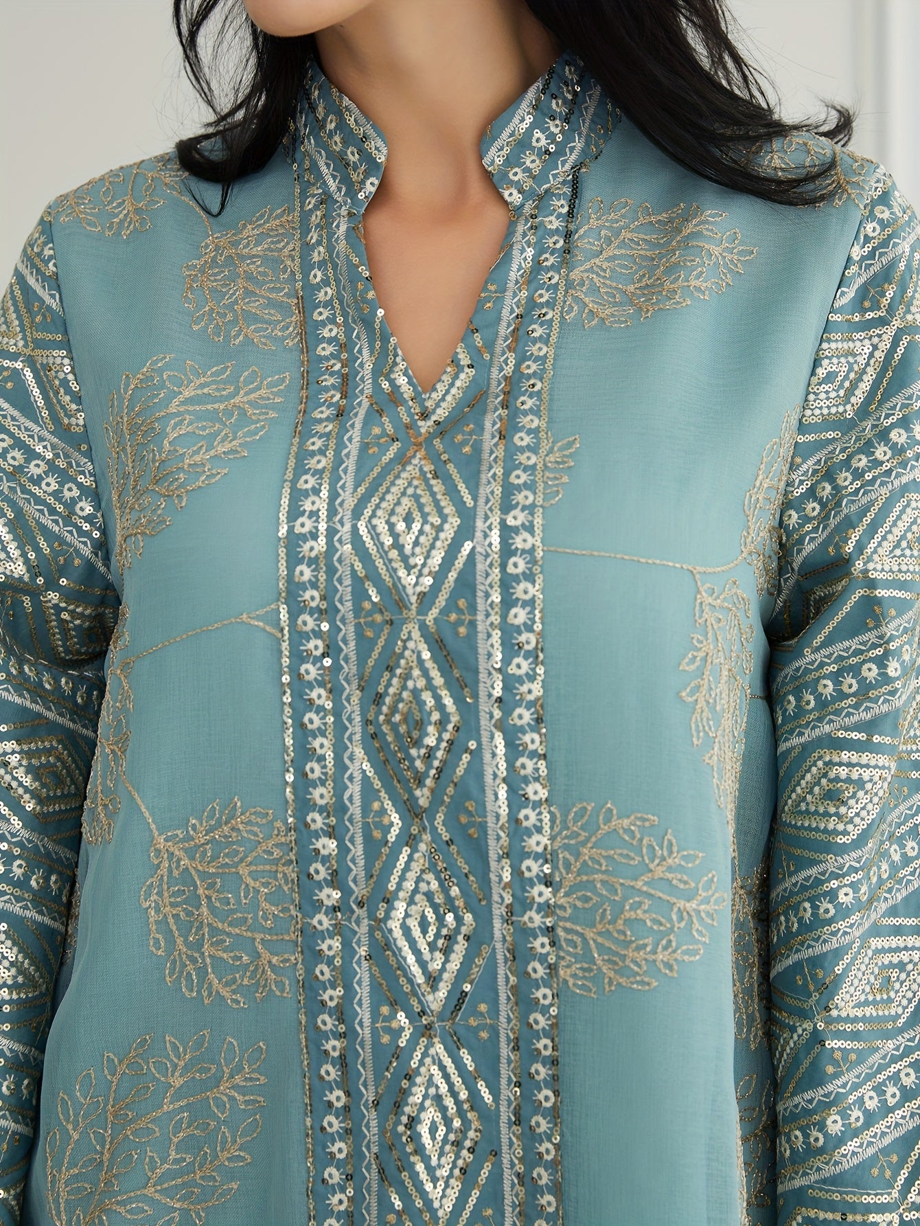 Oriental Middle Eastern Muslim Eid New Style Dress Women's Abaya V-Neck Regular Fashion Slit Sleeve Mesh Embroidery Beaded Craft Evening Gown Jalabiya Turkish Evening Wear Abaya