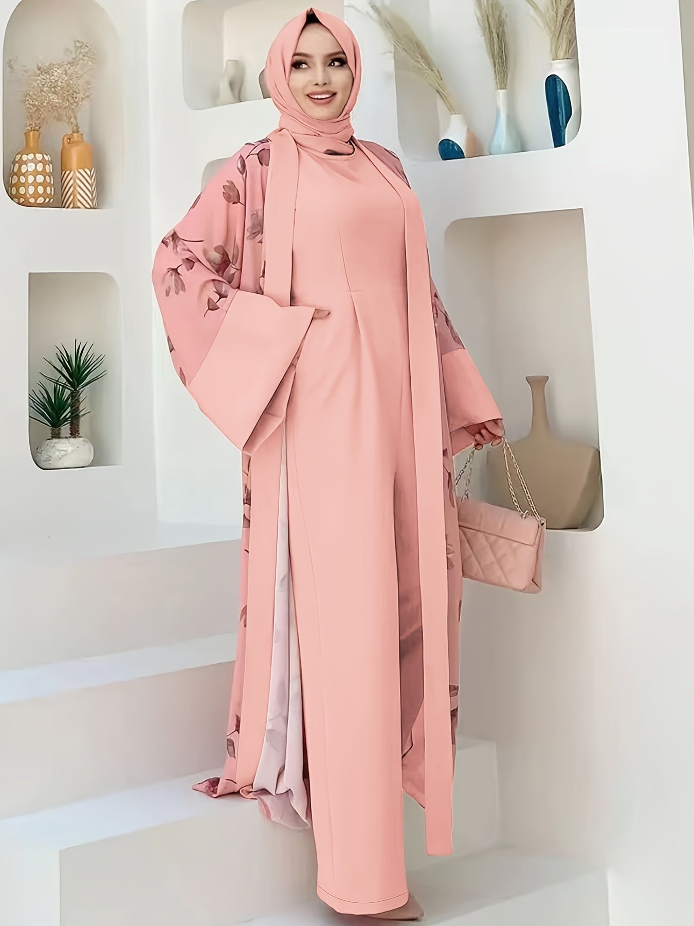 Middle Eastern Muslim Print Jumpsuit Two-Piece Set for Women Without Headscarf | Pakistani Abaya