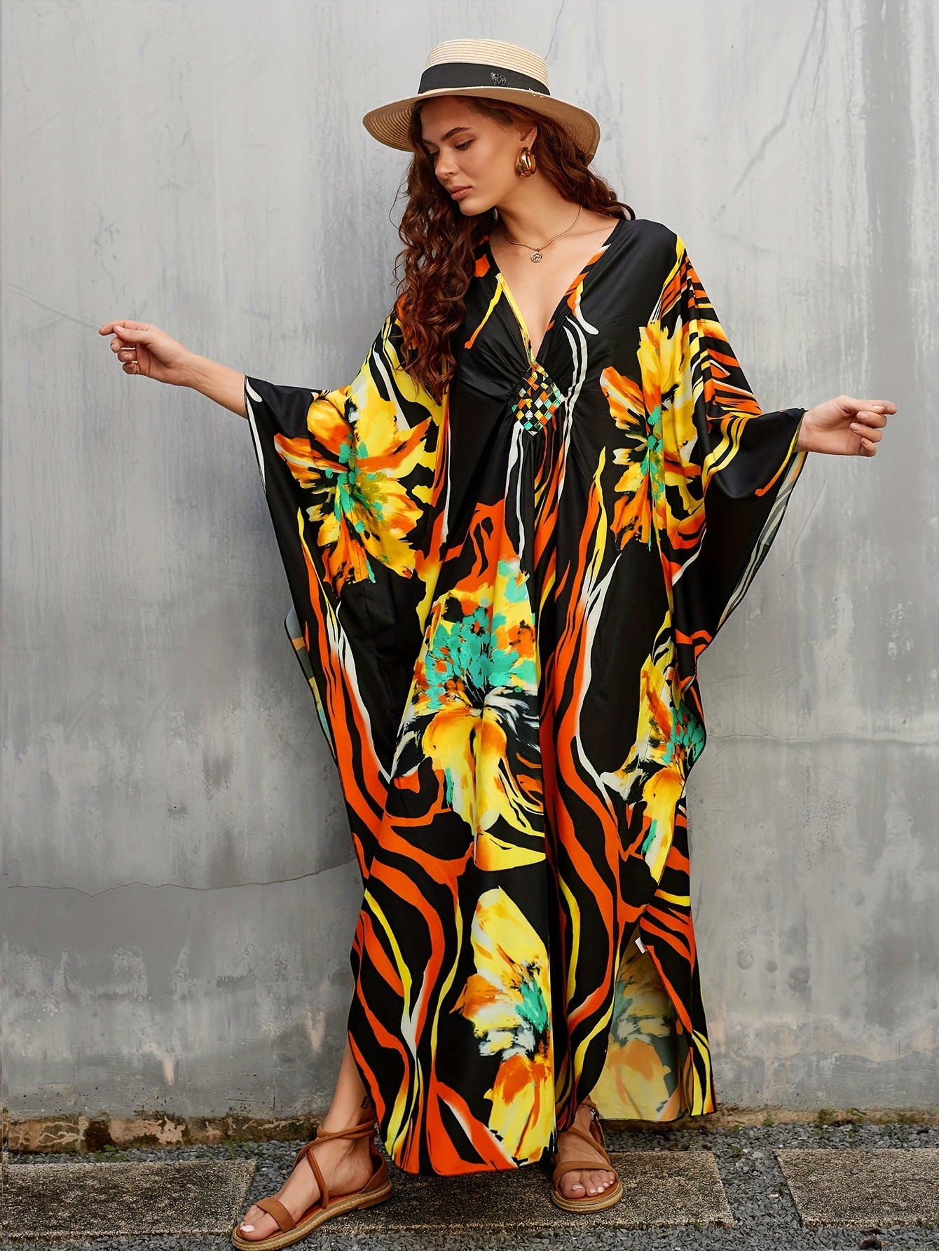 Women's Long Beach Cover Up With Floral Print Kaftan Deep V-neck Casual Vacation Bikini Swimsuit Cover Up