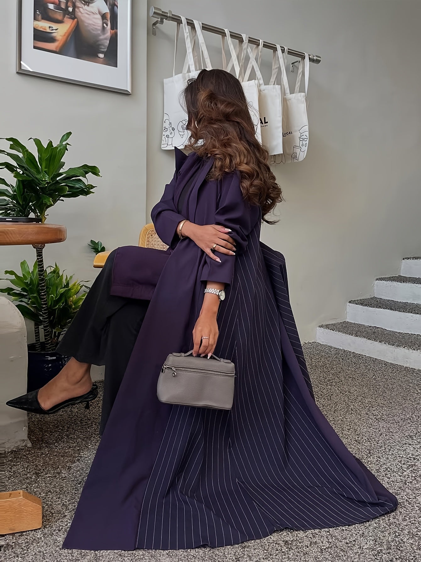 Women's Elegant Striped Purple Abaya Jacket - Long Sleeve Open Front with Lapel Collar, Loose Fit for Casual & Formal Wear, Versatile All-Season Layering Piece, Cultural Fashion, Sophisticated Design