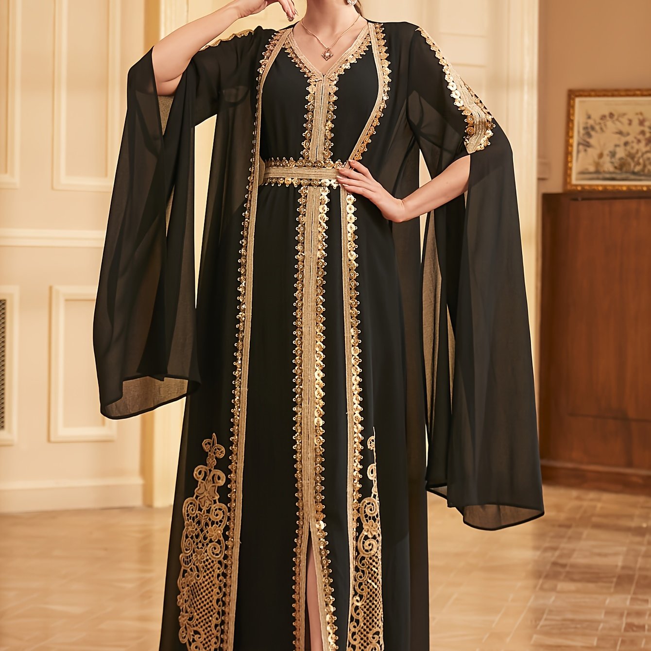 Two-piece Set: Fashion Embroidered Vest with Waist Cincher and Long Skirt + Cardigan with Sequins and Split Long Sleeves Abaya Gown Dress