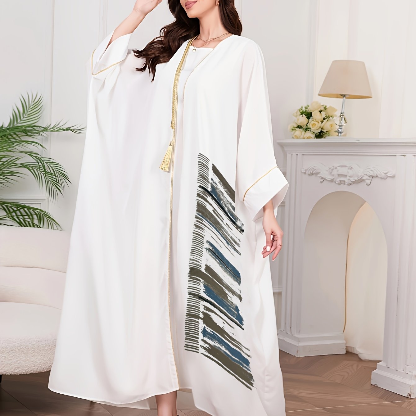 Elegant Women's Middle Eastern-Inspired Kaftan Cardigan - Long Sleeve, Open Front Abaya, Batwing Sleeves, Loose Fit, Golden Trim, Tribal Print, Perfect for Spring/Summer/Fall/Autumn