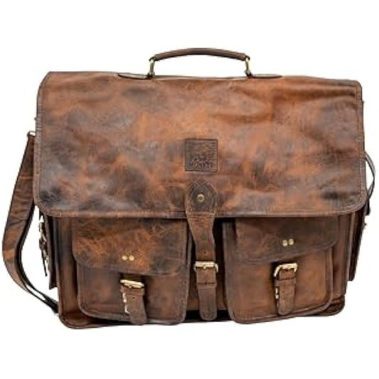 Genuine Leather Laptop Bag for Men - Stylish and Spacious 15.5 x 15 x 5 Briefcase - Professional and Luxurious Satchel for Work Travel Business and Office Use - Brown