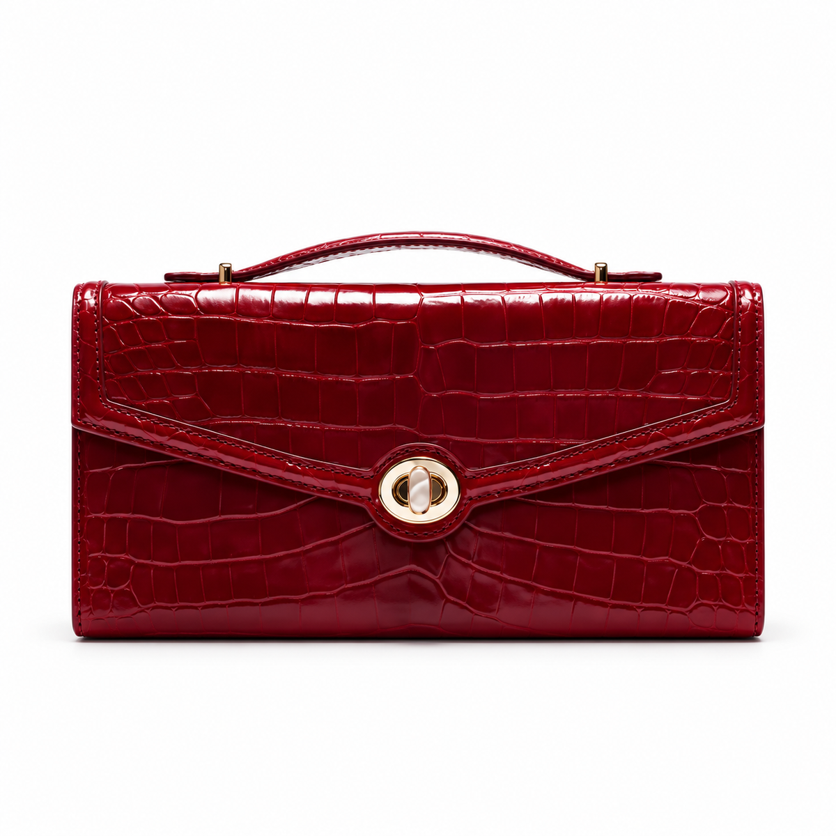 Red Crocodile Embossed Top Handle Clutch