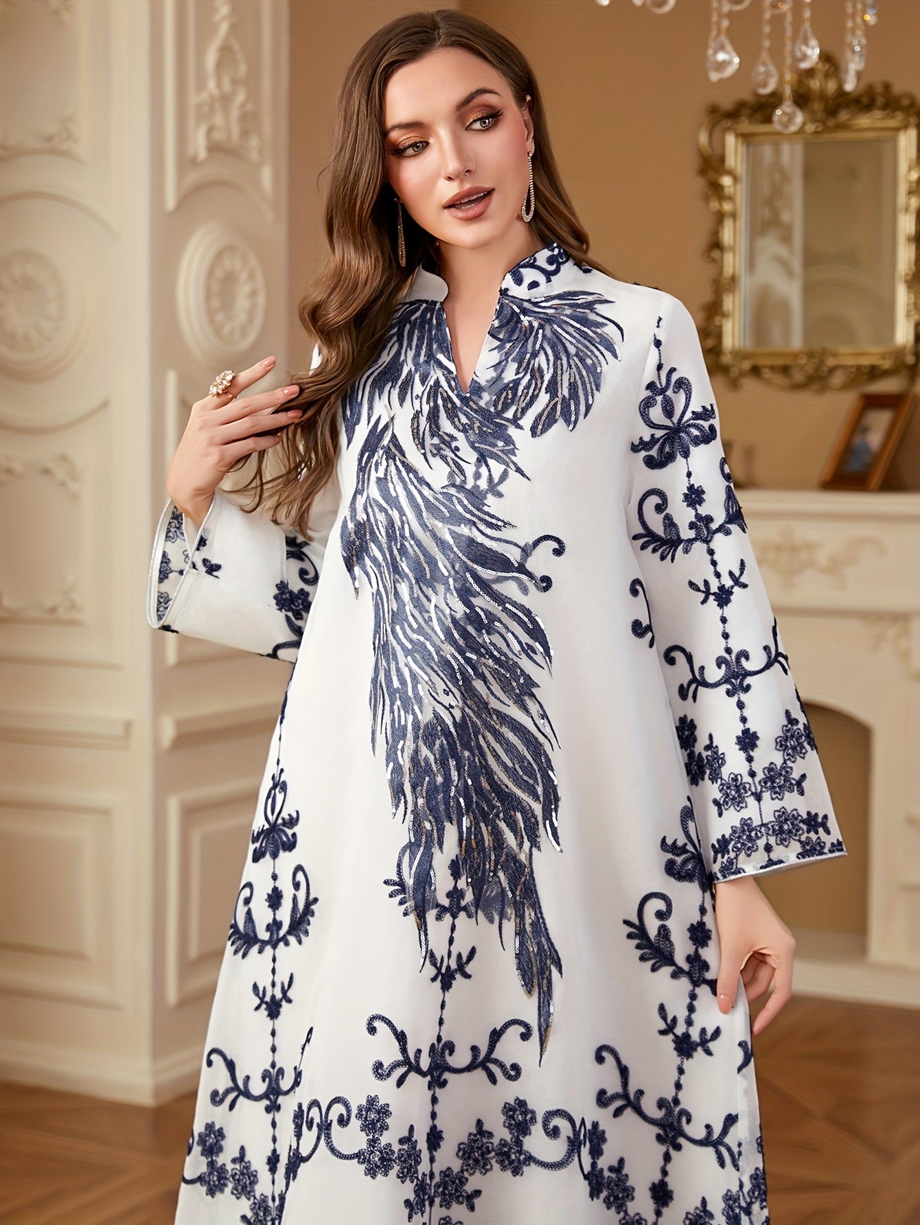 Elegant Blue & White Floral Embroidered Sequin Long Sleeve Maxi Kaftan Abaya - Stand Collar, Polyester, Machine Washable, All-Season Wear for Women