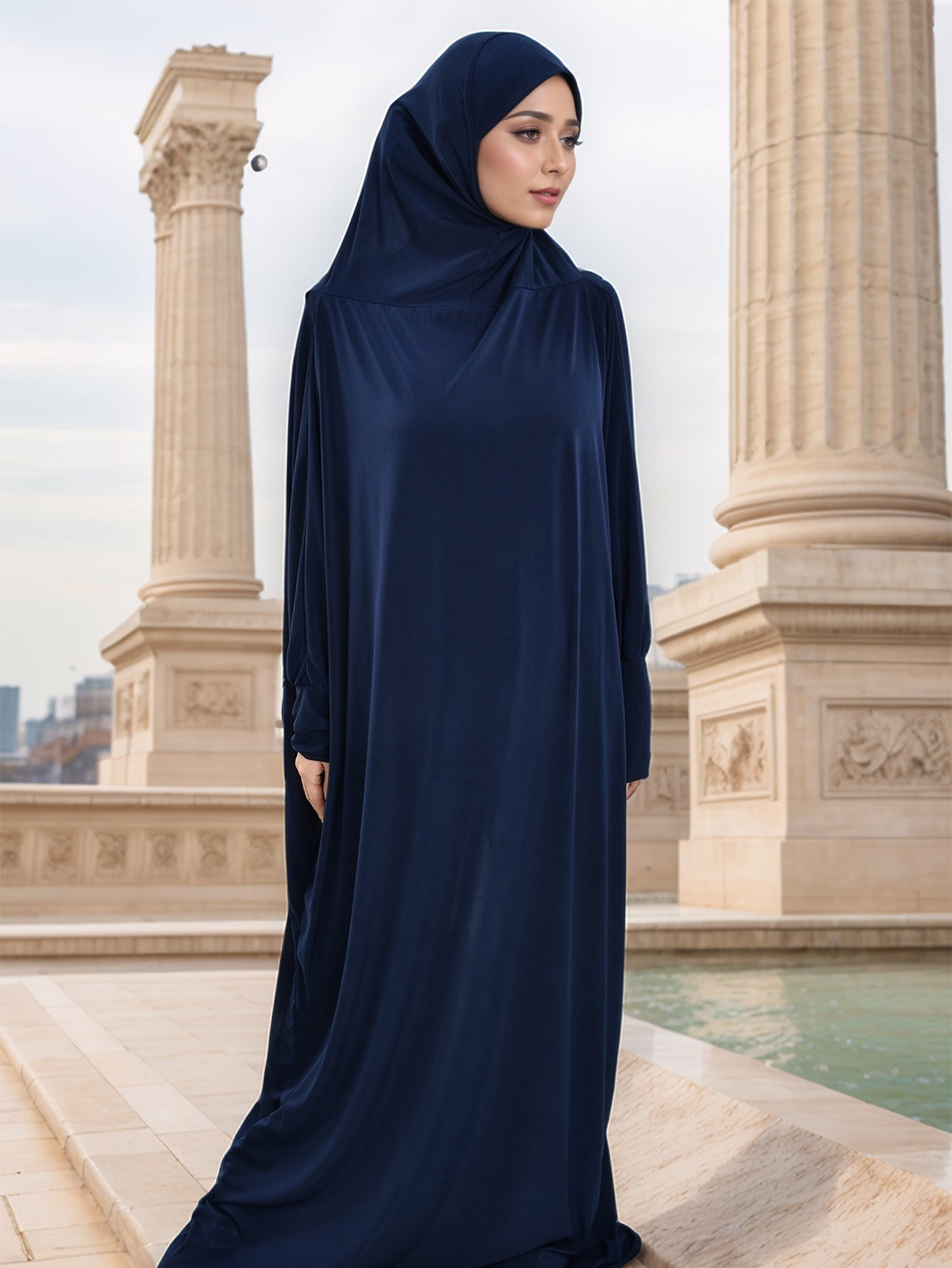 Muslim Women's Elegant Navy Blue Arab Abaya Burqa with Large Headscarf - Full-Body Coverage Long Sleeve Islamic Dress for Ramadan, Eid al-Fitr & Daily Wear - Modest Traditional Clothing
