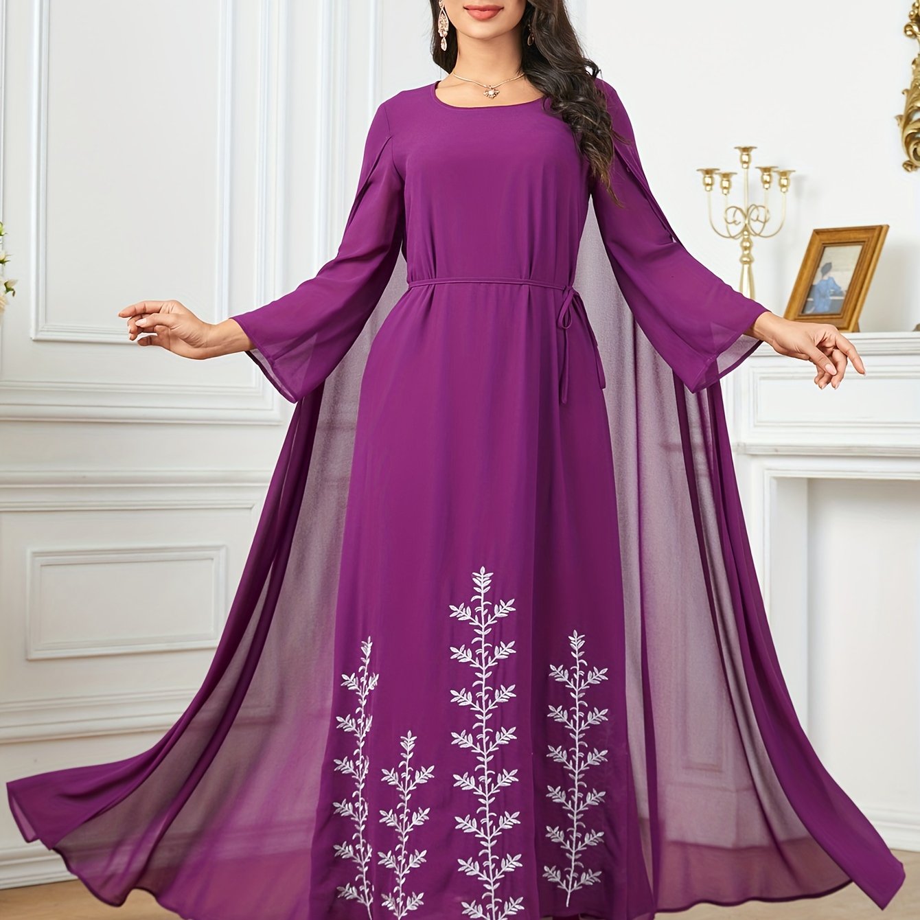 Polyester Traditional Abaya Dress - Solid Color Round Neck Embroidered Long Sleeve with Cape, Regular Fit, All-Season, Middle Eastern Cultural Apparel