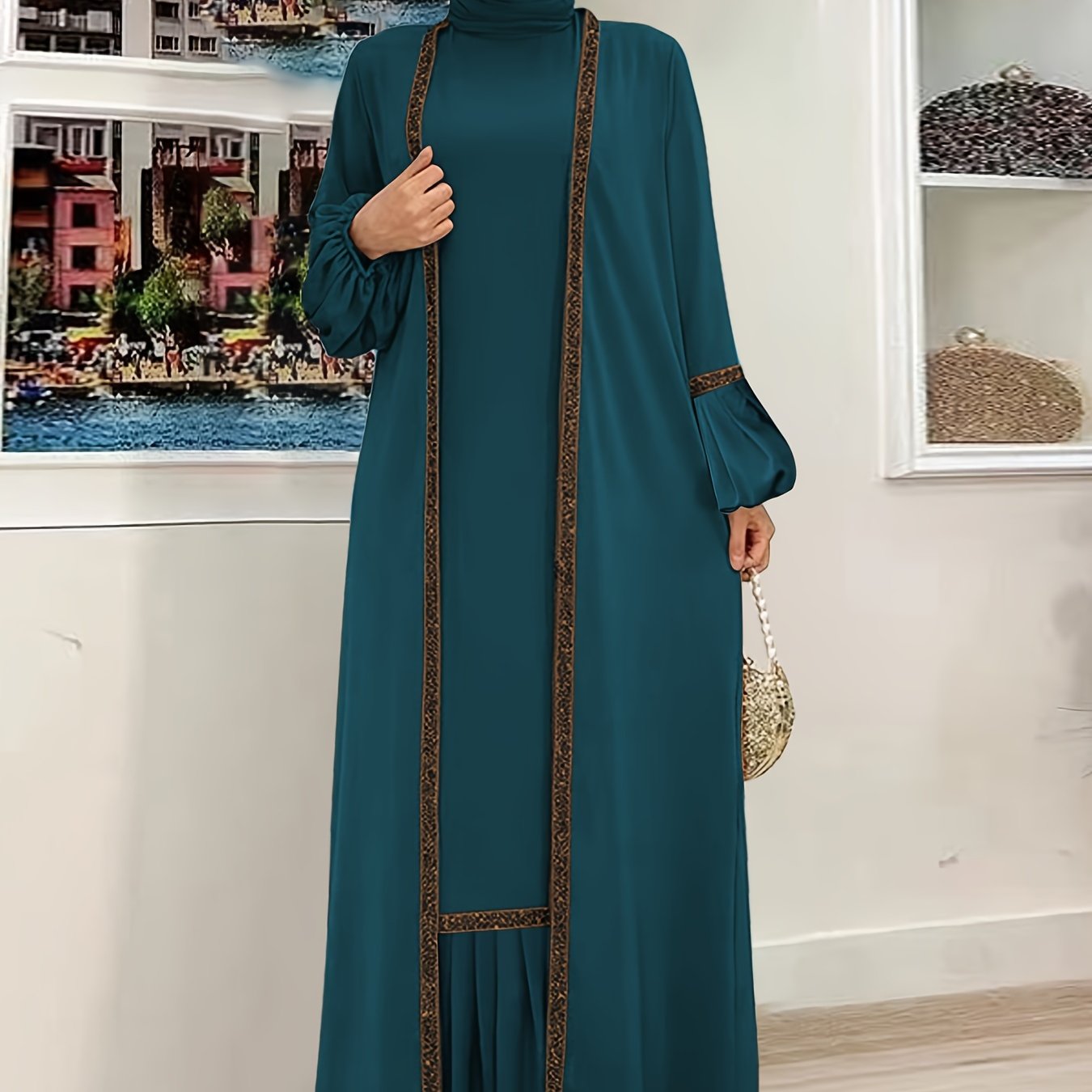 Abaya Contrast Trim Elegant Two Piece Set, Ruffle Hem Tank Dress & Lantern Sleeve Open Front Cardigan Outfits, Women's Clothing