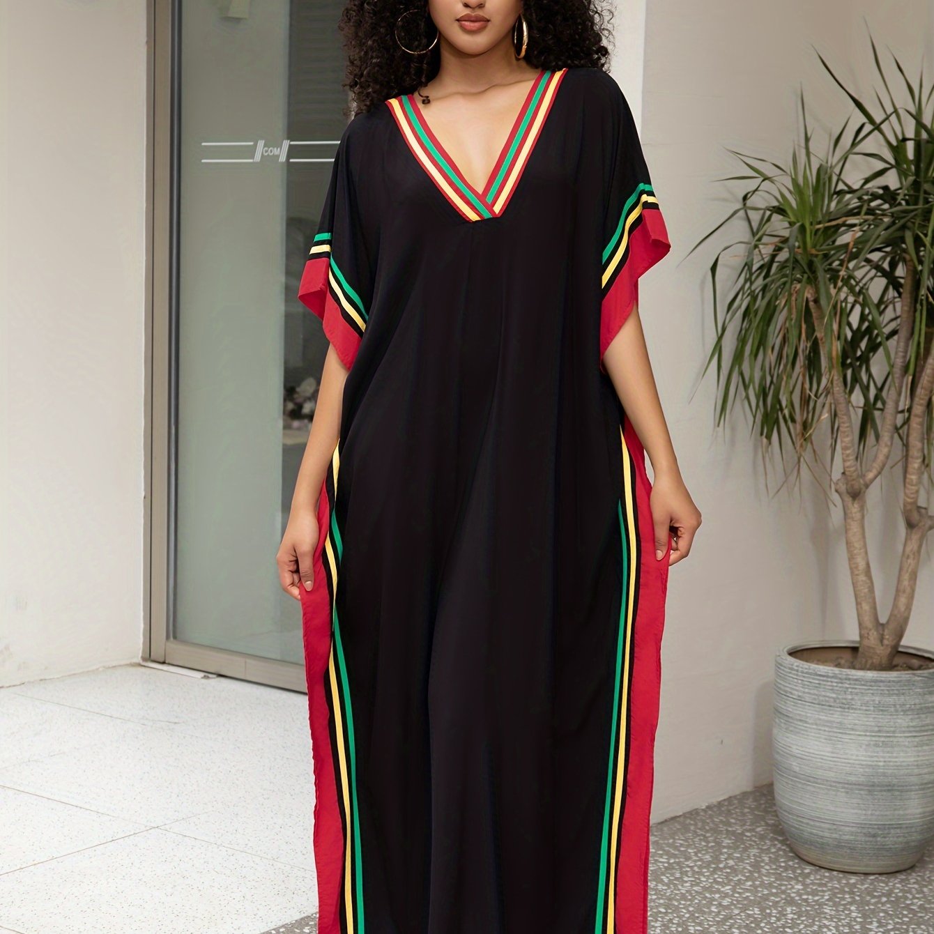 Stylish Women's Kaftan Maxi Dress - Comfortable Batwing Sleeve V Neck Design