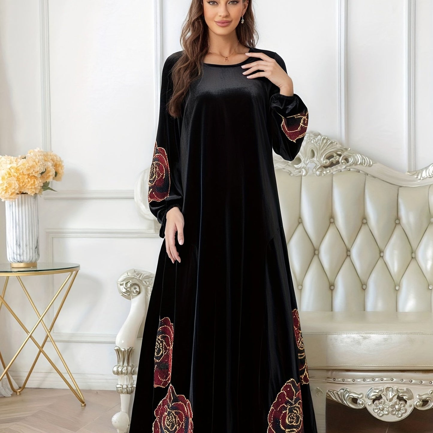 Rhinestone Robe Muslim Islamic Pakistani/Turkish Women's Rhinestone Abaya with Garden Collar Eid Ramadan Dubai Fashion Turkish Malay Long Skirt