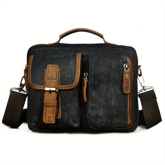 Canvas + Genuine Leather Travel Tote Messenger Cross-body One Shoulder Bag For Men 036