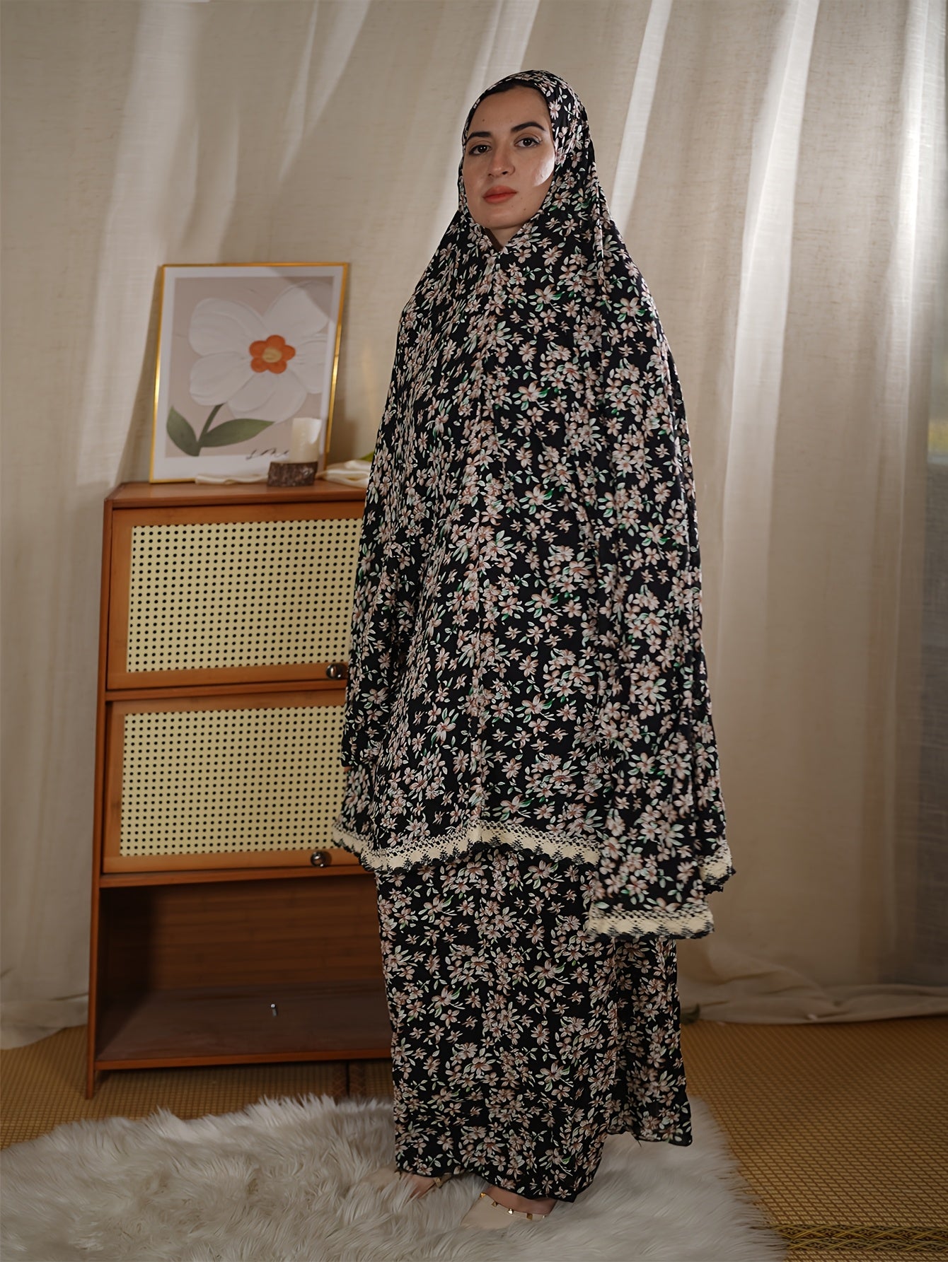 Middle Eastern Women'S Hooded Prayer Robe Two-Piece Set Jilbaab