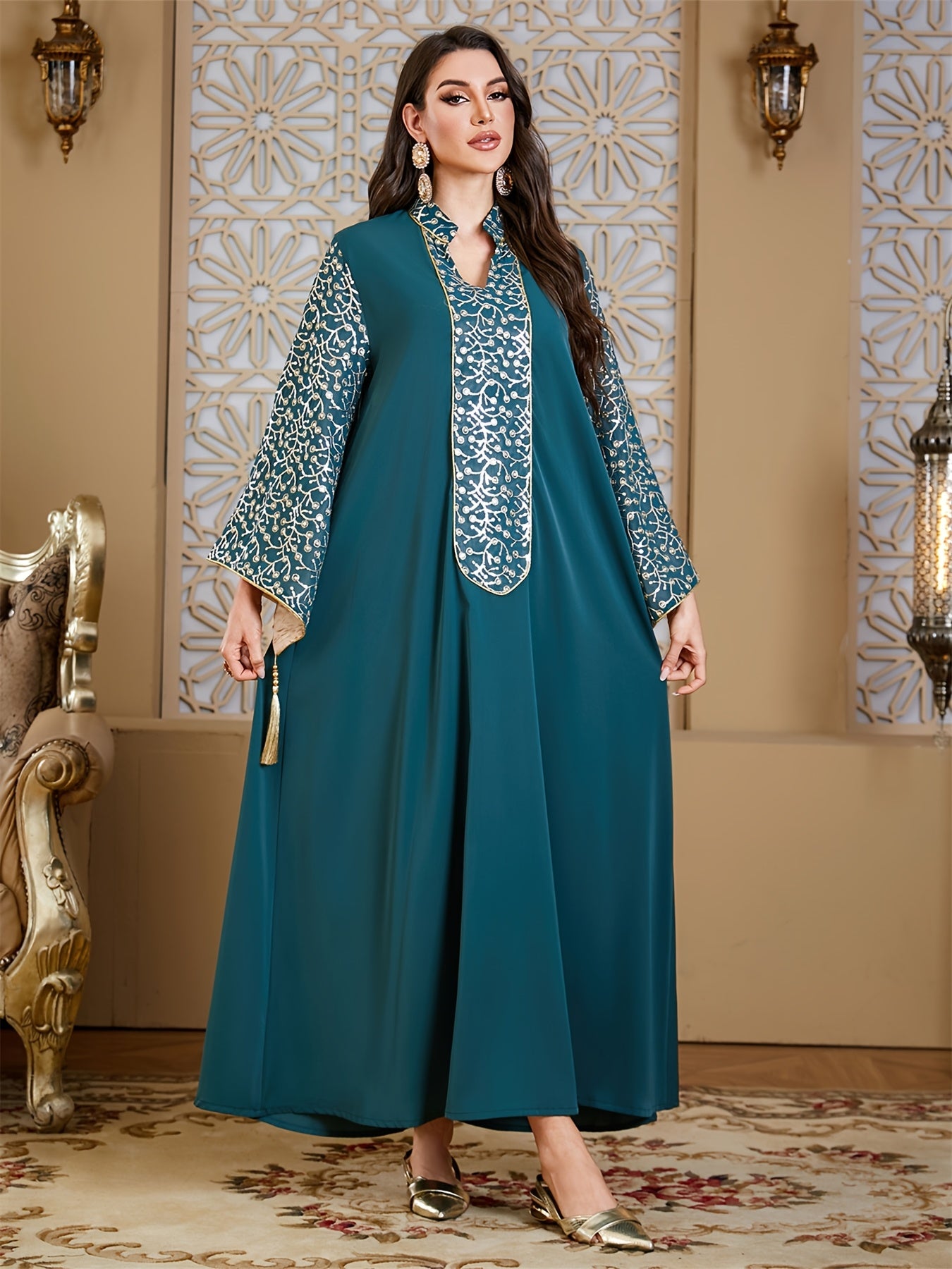 Elegant Muslim Kaftan Abaya Evening Dress with Floral Embroidery & Tassel Flare Sleeves - Navy Blue Maxi Abaya for Women, Middle Eastern-Inspired Traditional Gown, Hand Wash/Dry Clean