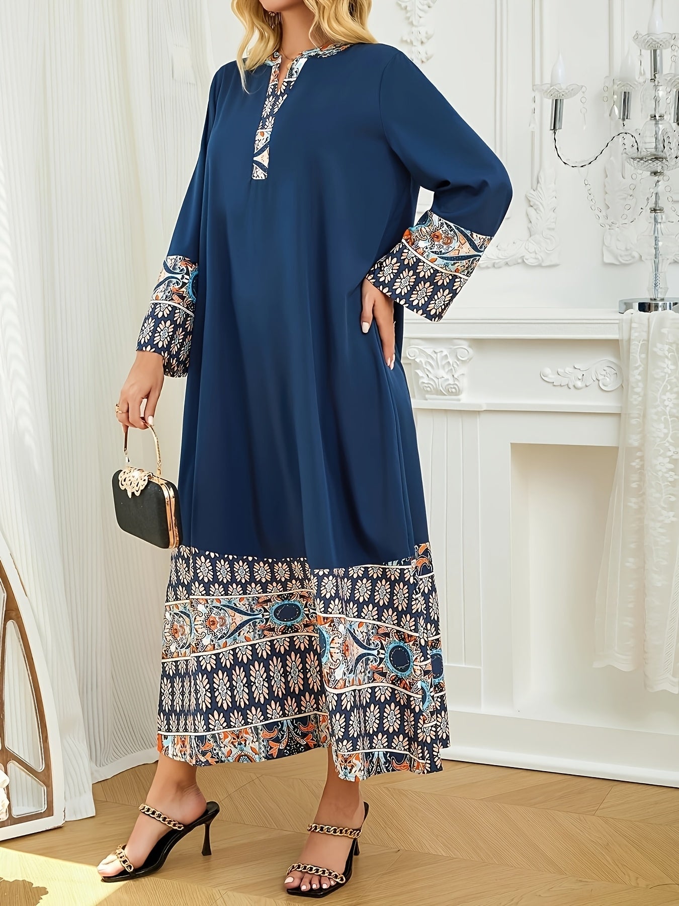Elegant Muslim Kaftan Abaya Dress | Middle Eastern-Inspired Ethnic Floral Print with Blue/Orange/White/Black, Asymmetrical Hem & Lace Trim, X-Line Silhouette, Adjustable Waist Tie for Modest Women