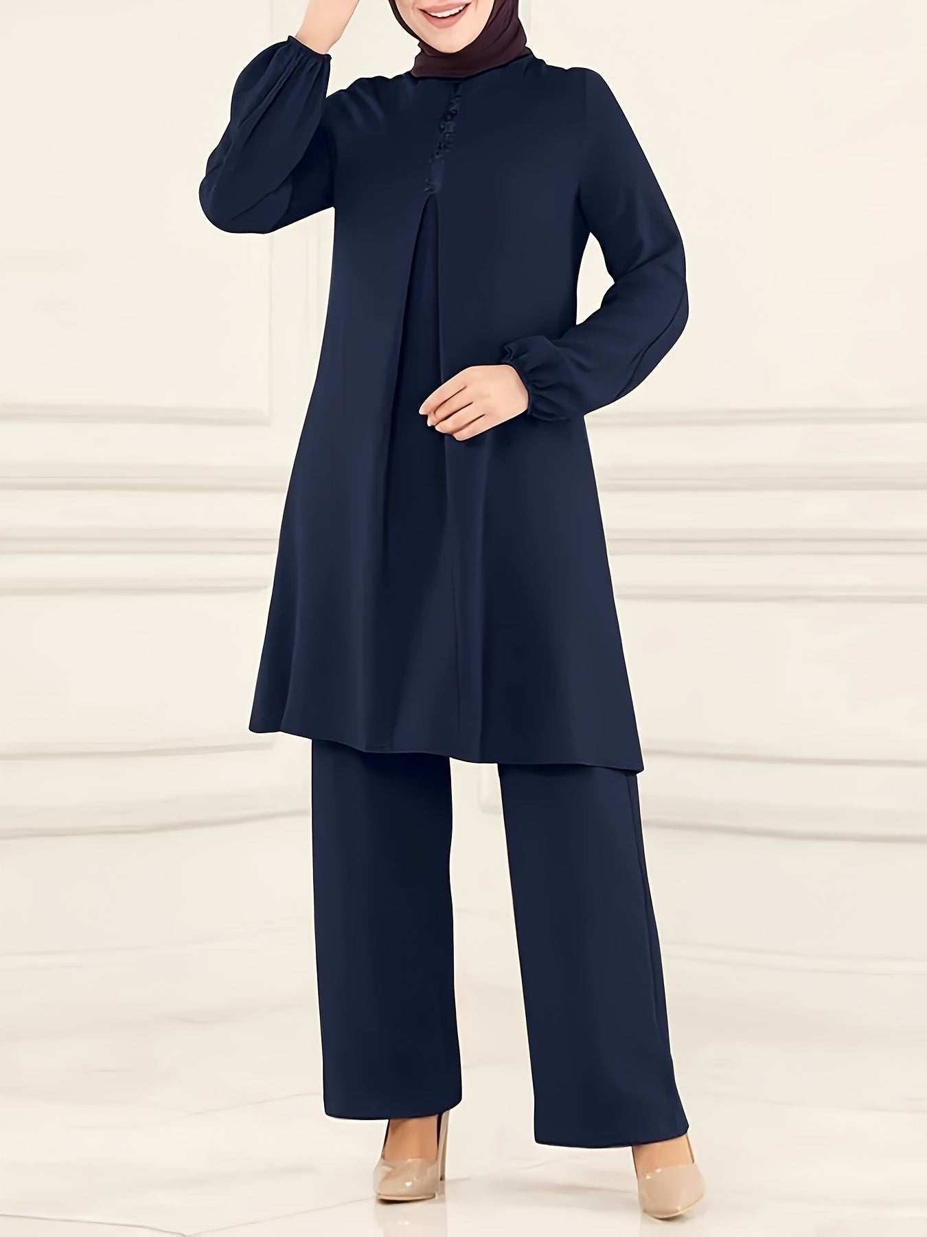 Ramadan Elegant Pure Muslim Two Piece Set, Long Sleeve Round Neck Top and straight-leg Pants Jilbaab Outfits, Women Clothing