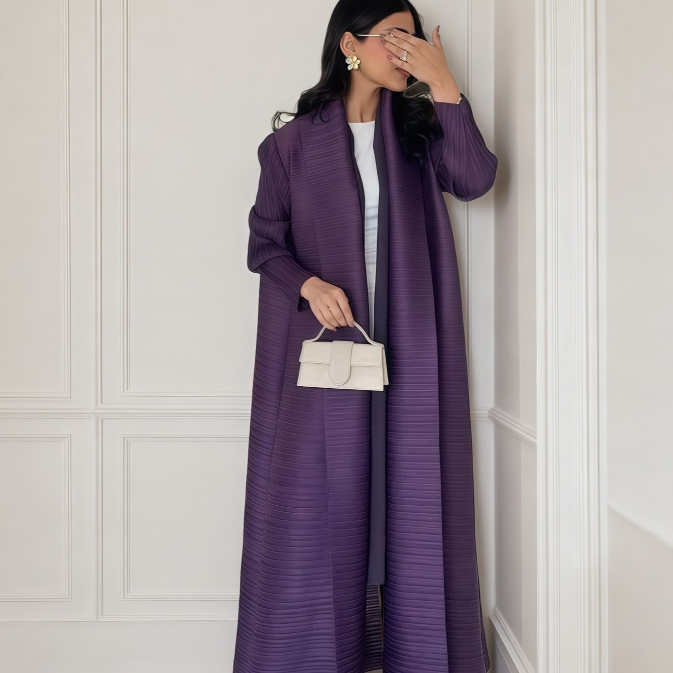 Elegant Pleated Arabic Abaya Robe - Modest Long Sleeve with Removable Adjustable Waist Belt, Solid Color Traditional Middle Eastern Wedding Guest Gown, Machine Washable