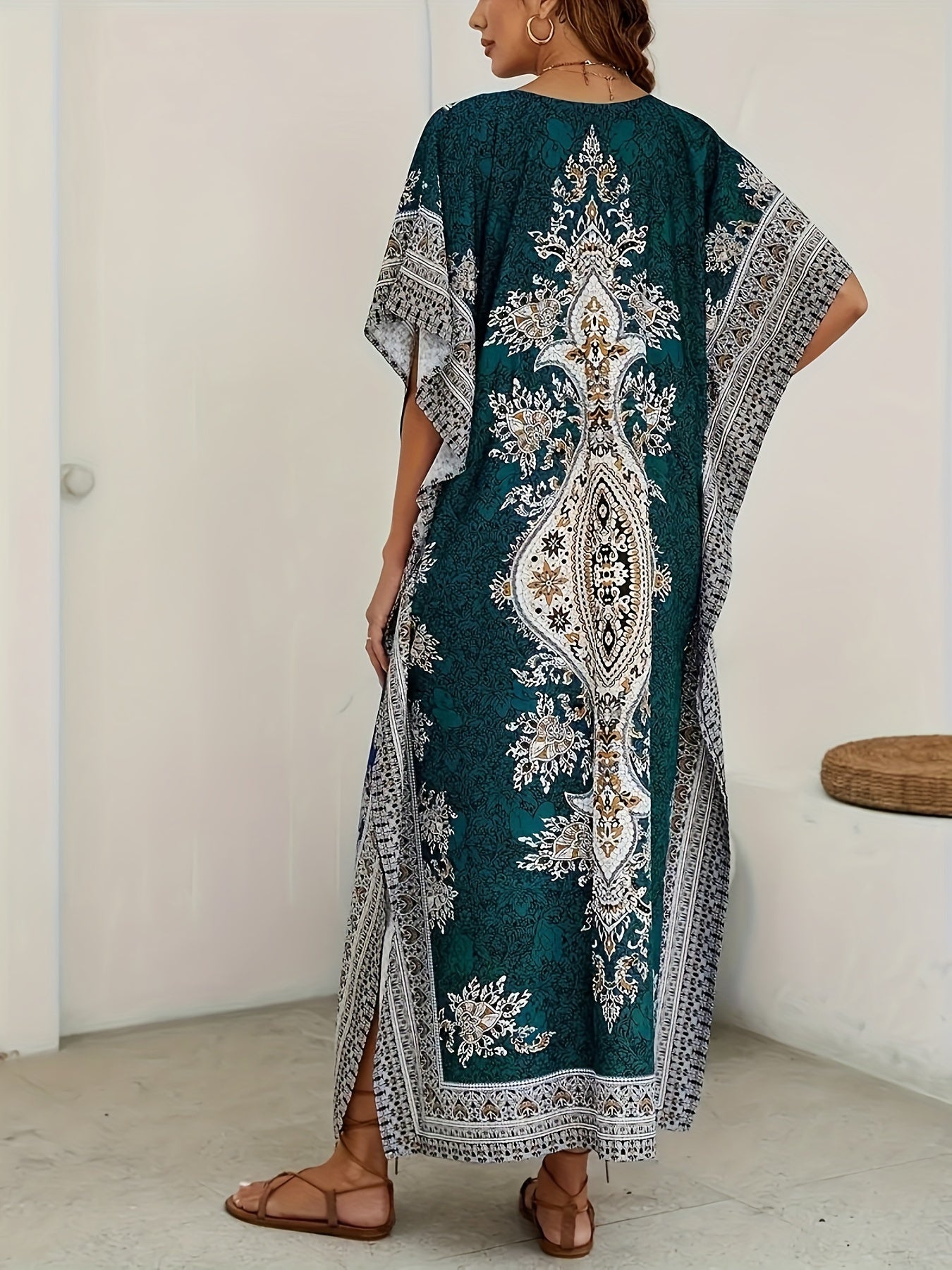 Women's Middle Eastern Muslim Kaftan Abaya, Loose V-Neck Beach Bohemian Party Dress