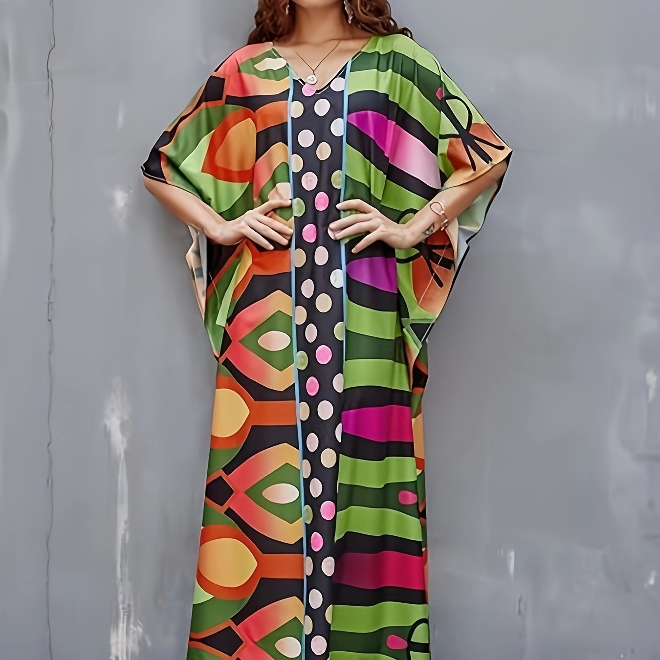 Kaftan Dresses for Women, V-Neck Print Beach Kaftan Swimsuit Cover Ups with Bow-Knot