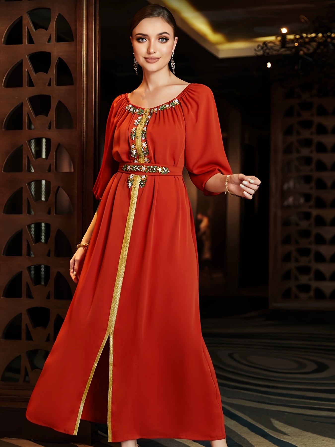 High-End Hand-Sewn Orange-Red Emirati Abaya with Diamond Design for Middle Eastern Gatherings And Festive Occasions.