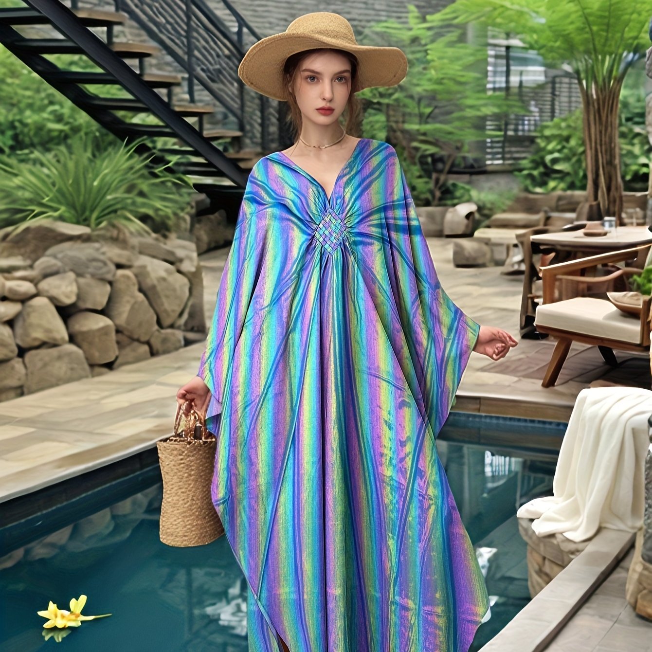 Kaftan Dresses For Women Sparkly Glitter Batwing Sleeve Kaftan Cover Up Beach Maxi Dress Loungewear