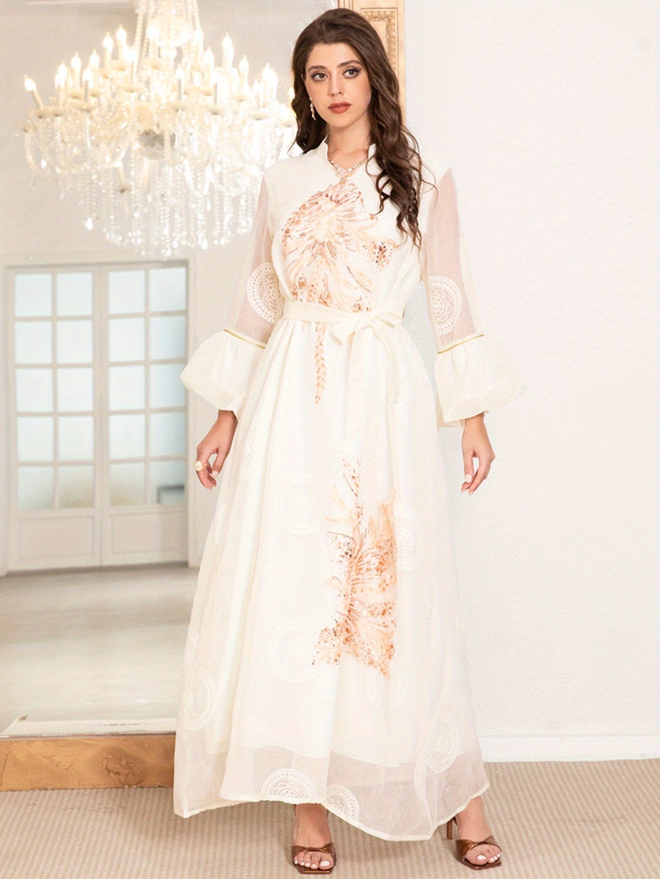 Elegant style High collar Jacquard Dots Embroidery Lantern sleeve Kaftan Baju Abaya