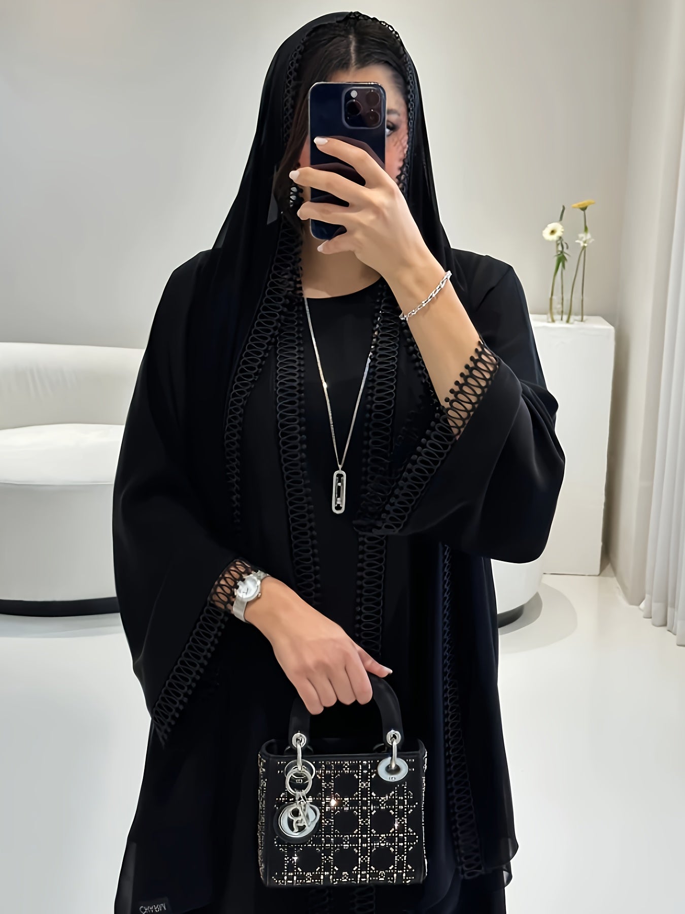 Women's Lightweight Breathable Black Abaya - Open Front Long Tunic with Golden-Tone Button Details, Casual Middle Eastern Dress for All Seasons, No Headscarf or Underwear Included