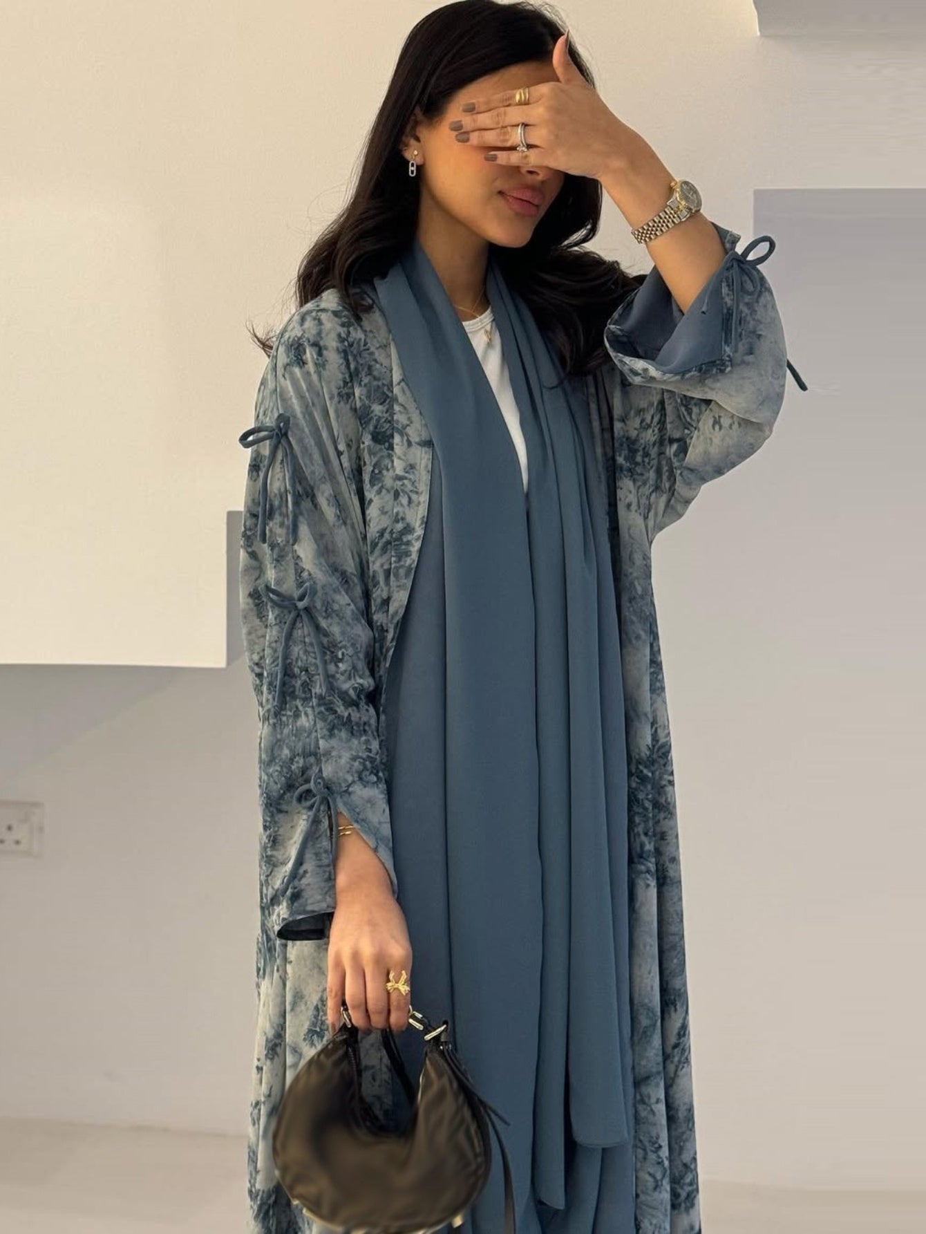 Stylish Women's Muslim Chiffon Print Summer Casual Emirati Abaya with Headscarf