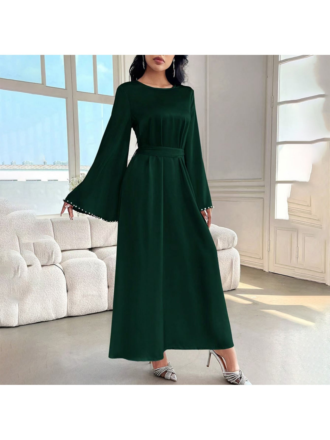 Elegant Round Neck Solid Color Flared Maxi Dress Long Sleeve with Pearl Cuff Detail, Modest A-Line Middle Eastern Turkish Abaya Party & Vacation Dress for Women