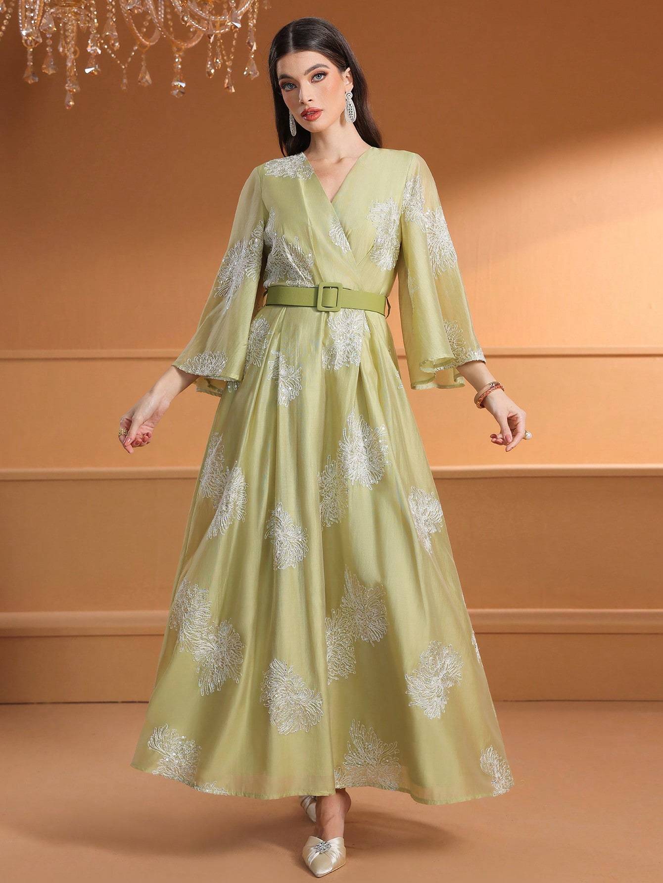 Women's Middle Eastern-Inspired Cross Neck Batwing Sleeve Modern Abaya with Adjustable Belt - Floor-Length Solid Color Formal Gown for Office, Weddings, Parties & Daily Gatherings