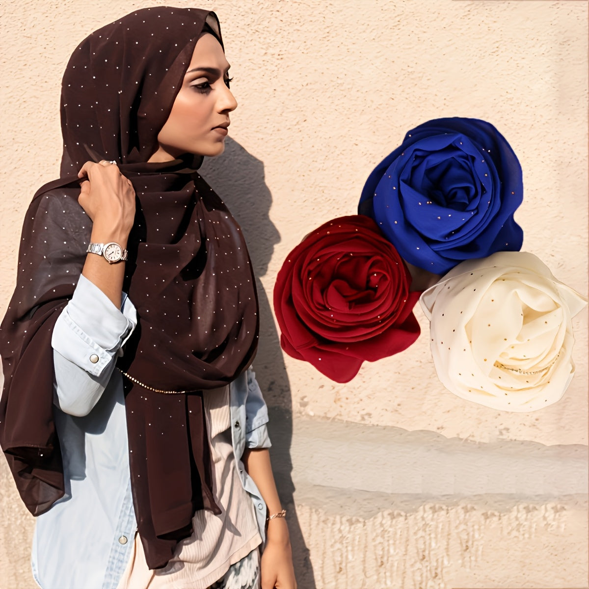 1pc Lightweight Breathable Chiffon Scarf with Sparkling Rhinestone Trim