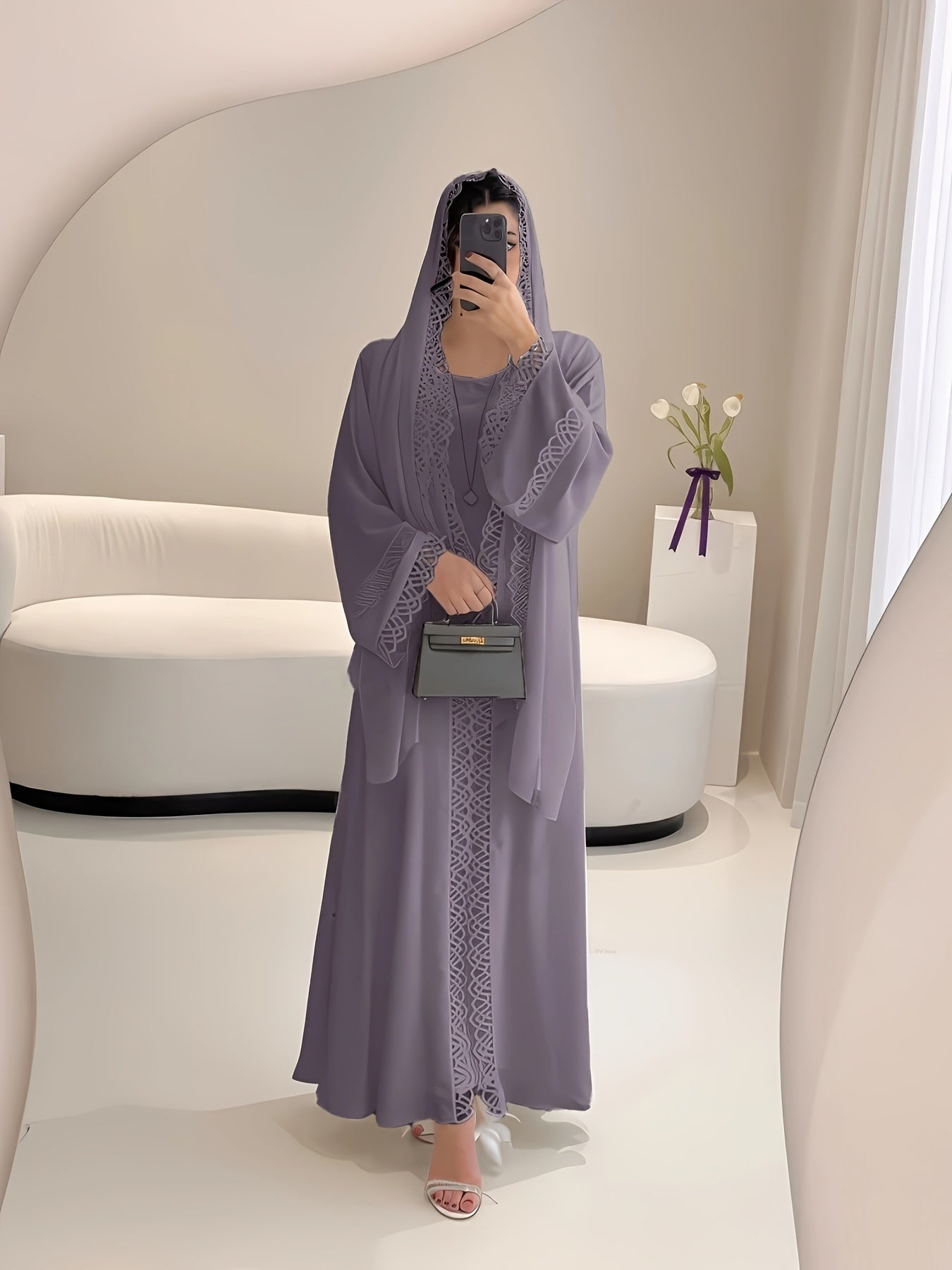 2pcs Muslim Kaftan Abaya Set with Lace Trim | Plus Sleeveless Vest Skirt, Headscarf, for Ramada