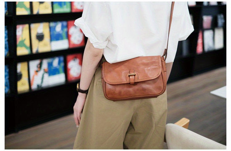 Japanese-Style Vintage Crossbody Shoulder Bag - Genuine Leather with Adjustable Strap & Golden-Tone Clasps, Zipper Closure, Polyester Lining