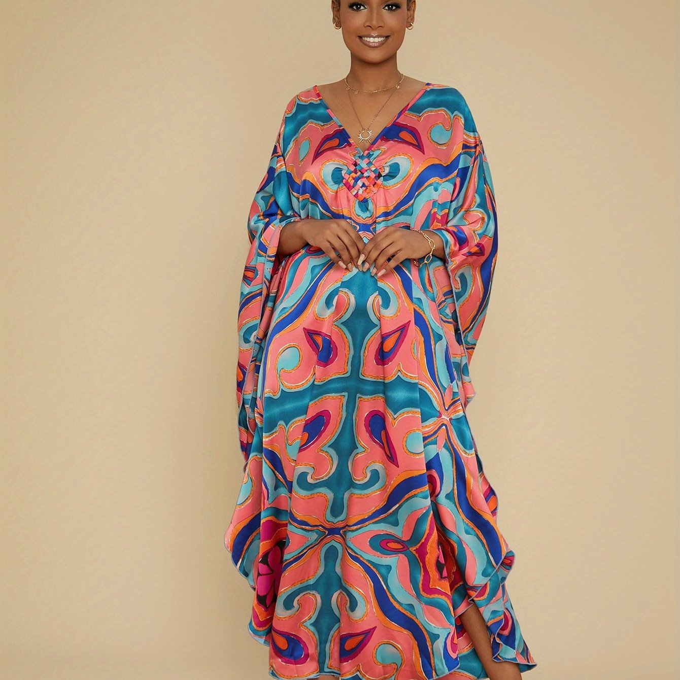 Kaftan Dresses for Women Colorful Stripe Print Crew Neck Beach Cover up Kaftan Robe Casual Home Vacation Bat Sleeve Large Size Swimwear Cover Up Side Split Dress Long Kaftan
