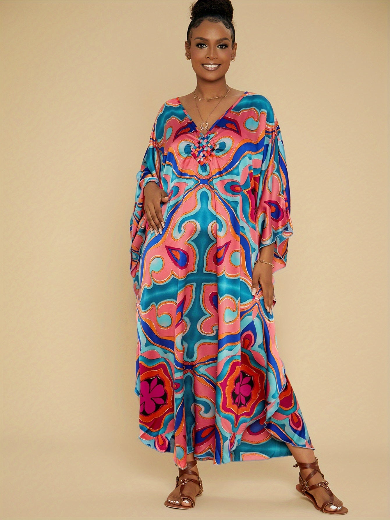 Kaftan Dresses for Women Colorful Stripe Print Crew Neck Beach Cover up Kaftan Robe Casual Home Vacation Bat Sleeve Large Size Swimwear Cover Up Side Split Dress Long Kaftan