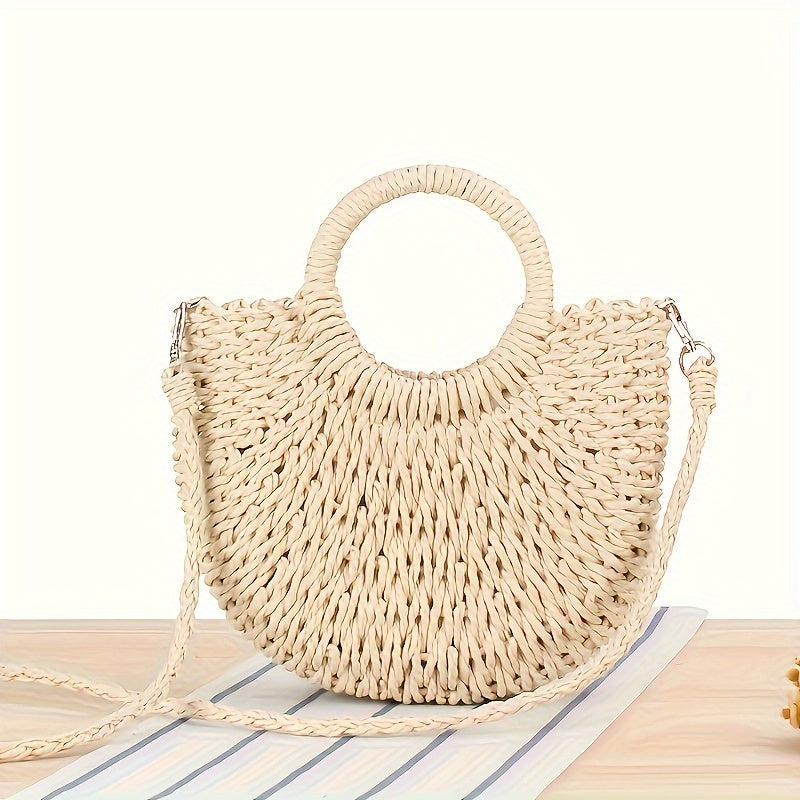 Hand woven Leather Shoulder Bag Women's Summer Beach Tote with Polyester Lining, Drawstring Closure, and Detachable Messenger Strap