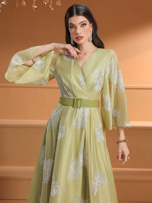 Women's Middle Eastern-Inspired Cross Neck Batwing Sleeve Modern Abaya with Adjustable Belt - Floor-Length Solid Color Formal Gown for Office, Weddings, Parties & Daily Gatherings