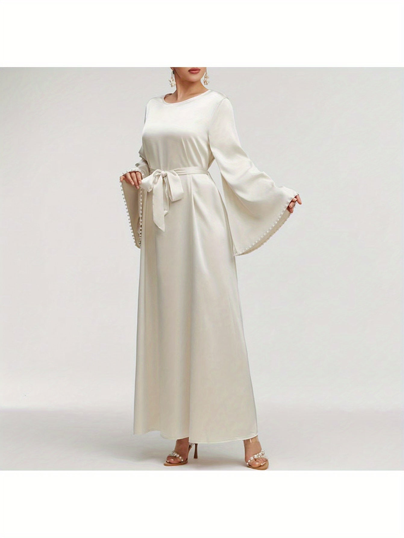 Elegant Round Neck Solid Color Flared Maxi Dress Long Sleeve with Pearl Cuff Detail, Modest A-Line Middle Eastern Turkish Abaya Party & Vacation Dress for Women