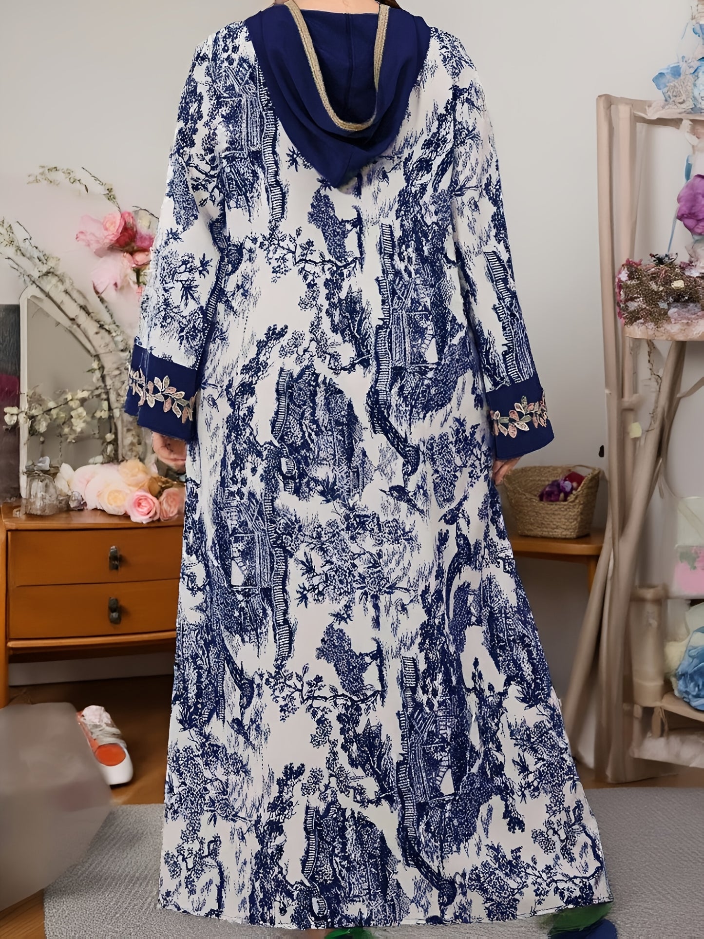 Plus Size, 2025 new landscape print decoration three-dimensional lace Middle Eastern hooded long loose large size Palestinian Abaya