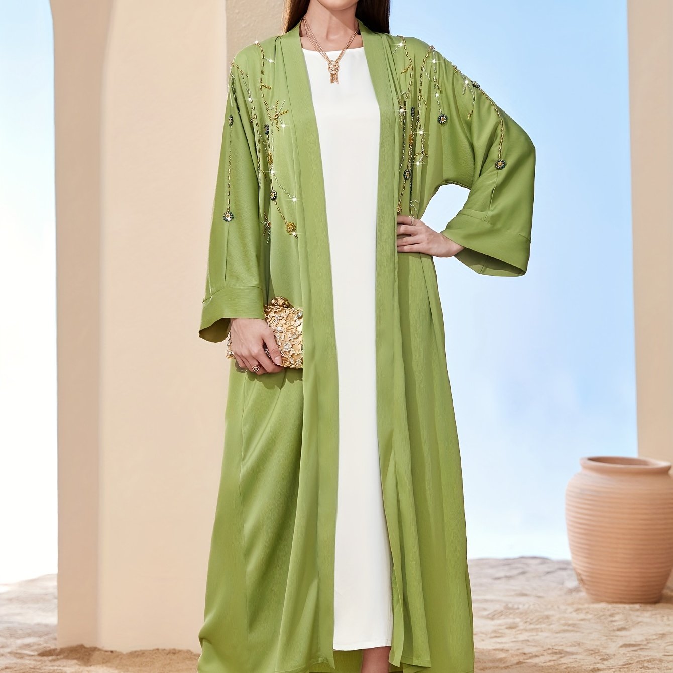 Rhinestone Long Sleeve Modest Dress, Elegant Open Front Abaya Loose Ankle Dress For Spring & Fall, Women's Clothing