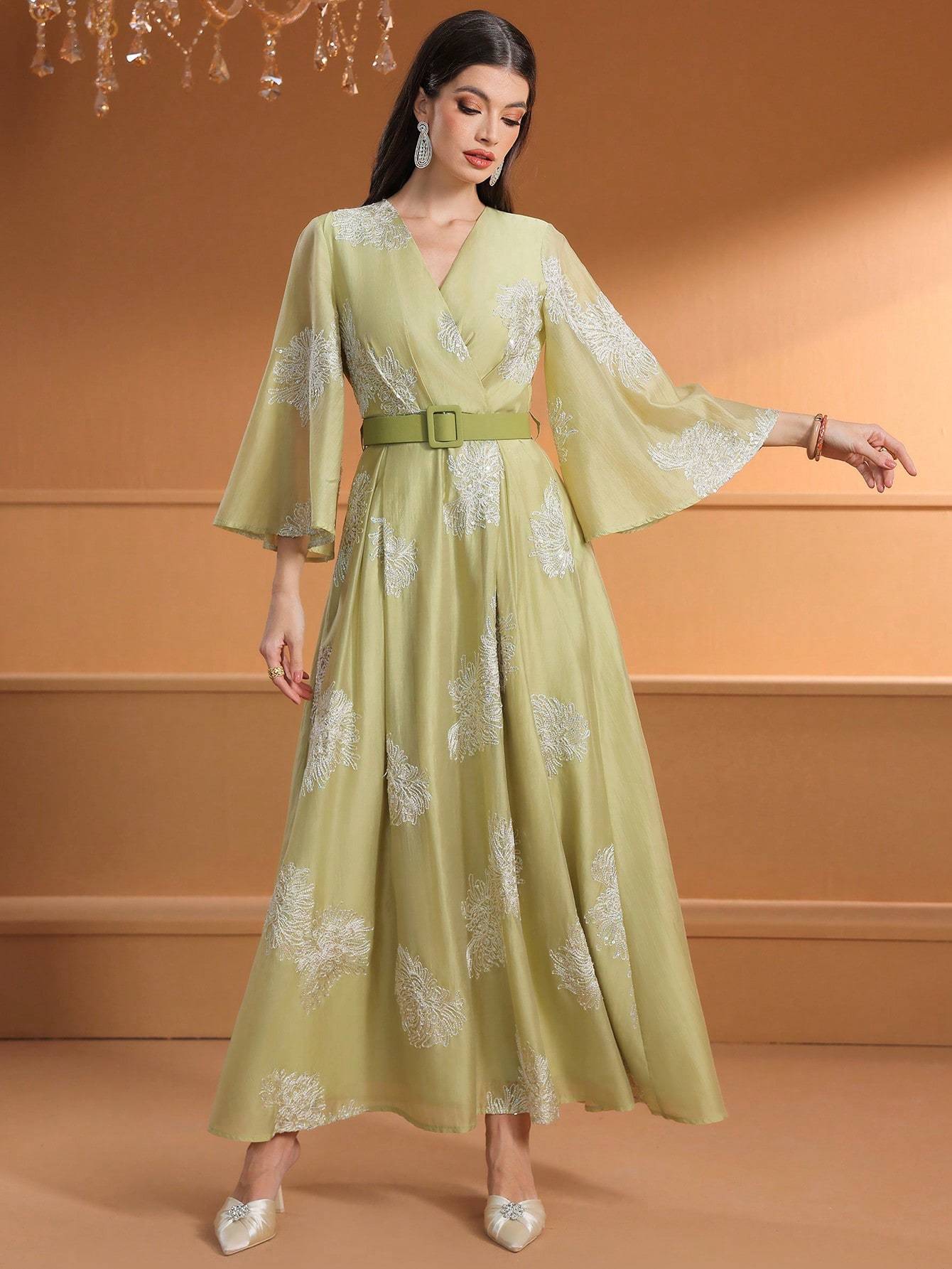Women's Middle Eastern-Inspired Cross Neck Batwing Sleeve Modern Abaya with Adjustable Belt - Floor-Length Solid Color Formal Gown for Office, Weddings, Parties & Daily Gatherings