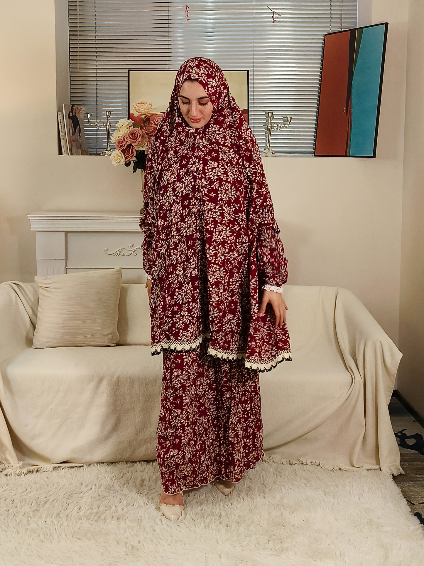 Middle Eastern Women'S Hooded Prayer Robe Two-Piece Set Jilbaab