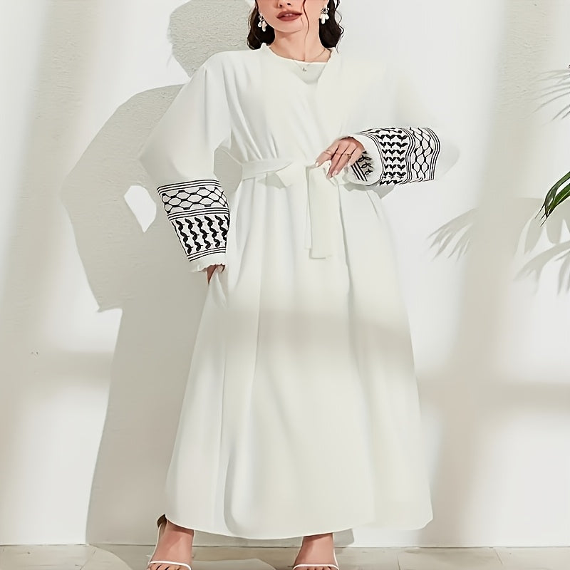 1pc Elegant Vintage Embroidered Arabic Abaya with Belt & Pockets - Black & White Geometric Pattern, Intricate Embroidery, Polyester All-Season Wear for Women, Ramadan