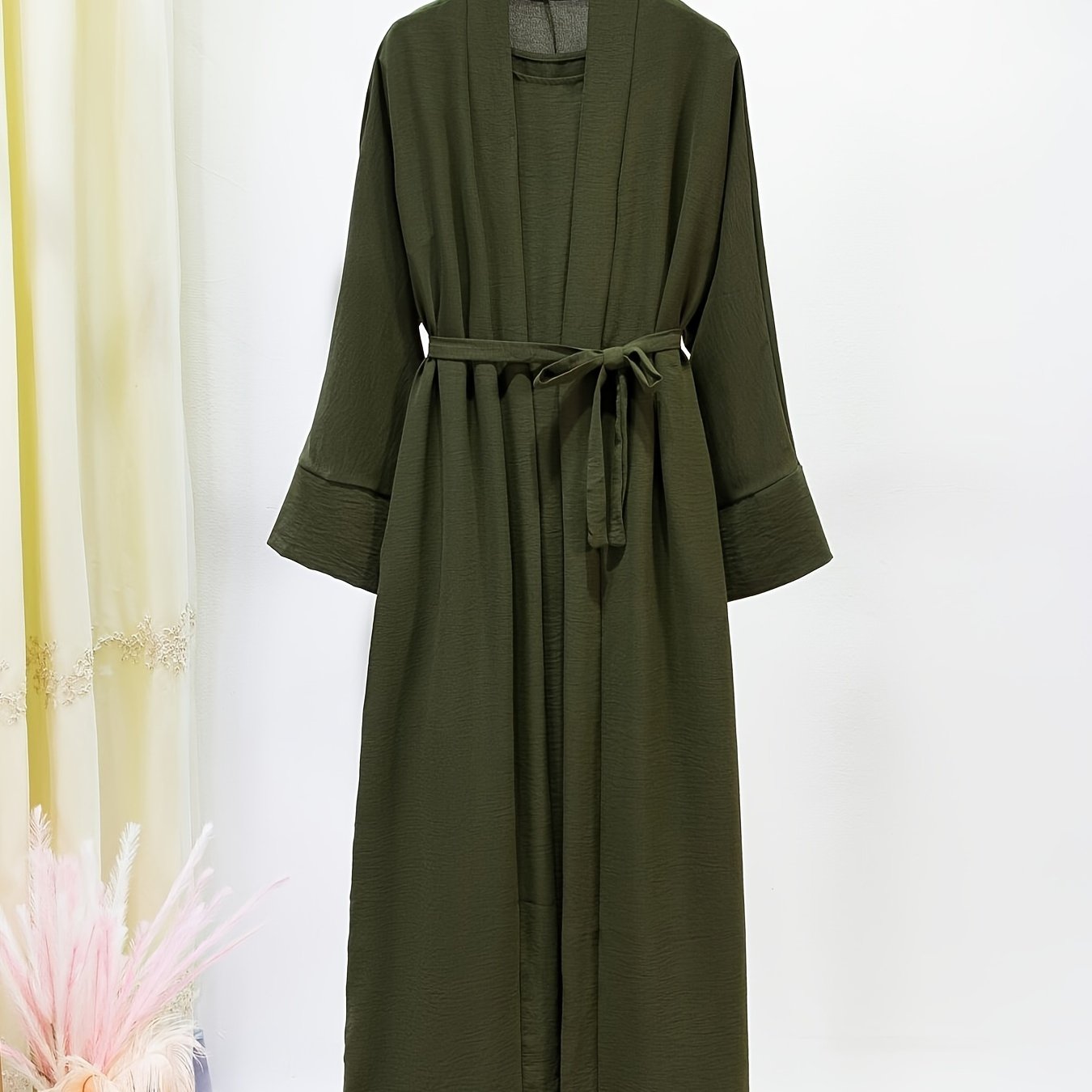 Ramadan Solid Color Modest Pakistani Abaya Set, Casual Crew Neck Sleeveless Tank Dress & Open Front Long Sleeve Tie Cardigan Outfits, Women's Clothing
